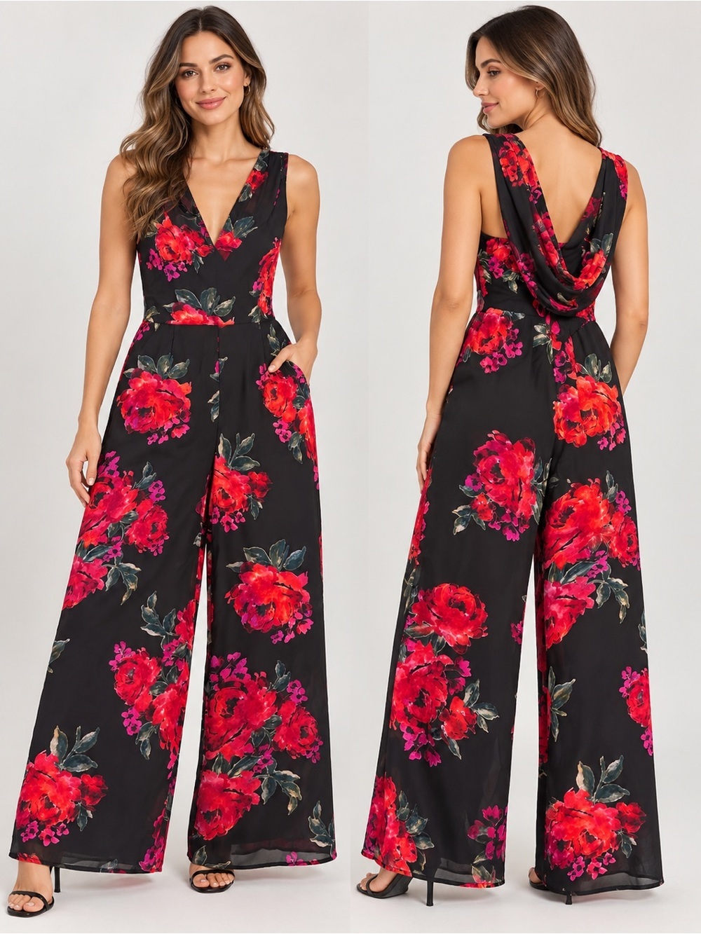 ETT:TWA by Anthropologie red black velvet floral flower jumpsuit Sz L🇨🇦